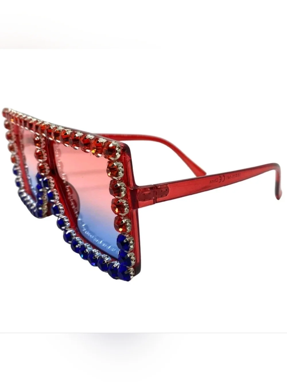 Unisex Crystal Embellished Red & Blue Oversized Square Sunglasses